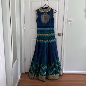 Peacock colored beautiful Dupioni silk full length maxi dress.